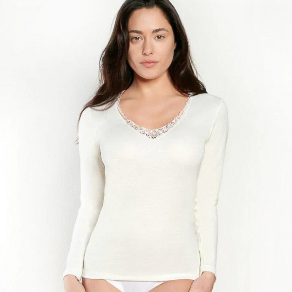 Maglia donna nottingham in lana cotone manica lunga con pizzo - immagine 3